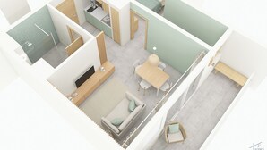 A modern apartment layout with a kitchen, dining area, living room, and a balcony. - Roches Marines (Saint-Paul)