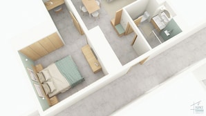 A 3D floor plan of a hotel room with a bed, a sitting area with a table and chairs, a bathroom with a sink and mirror, and a window with curtains. - Roches Marines (Saint-Paul)