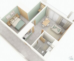 A 2-bedroom apartment layout with a kitchen, dining area, and a balcony.