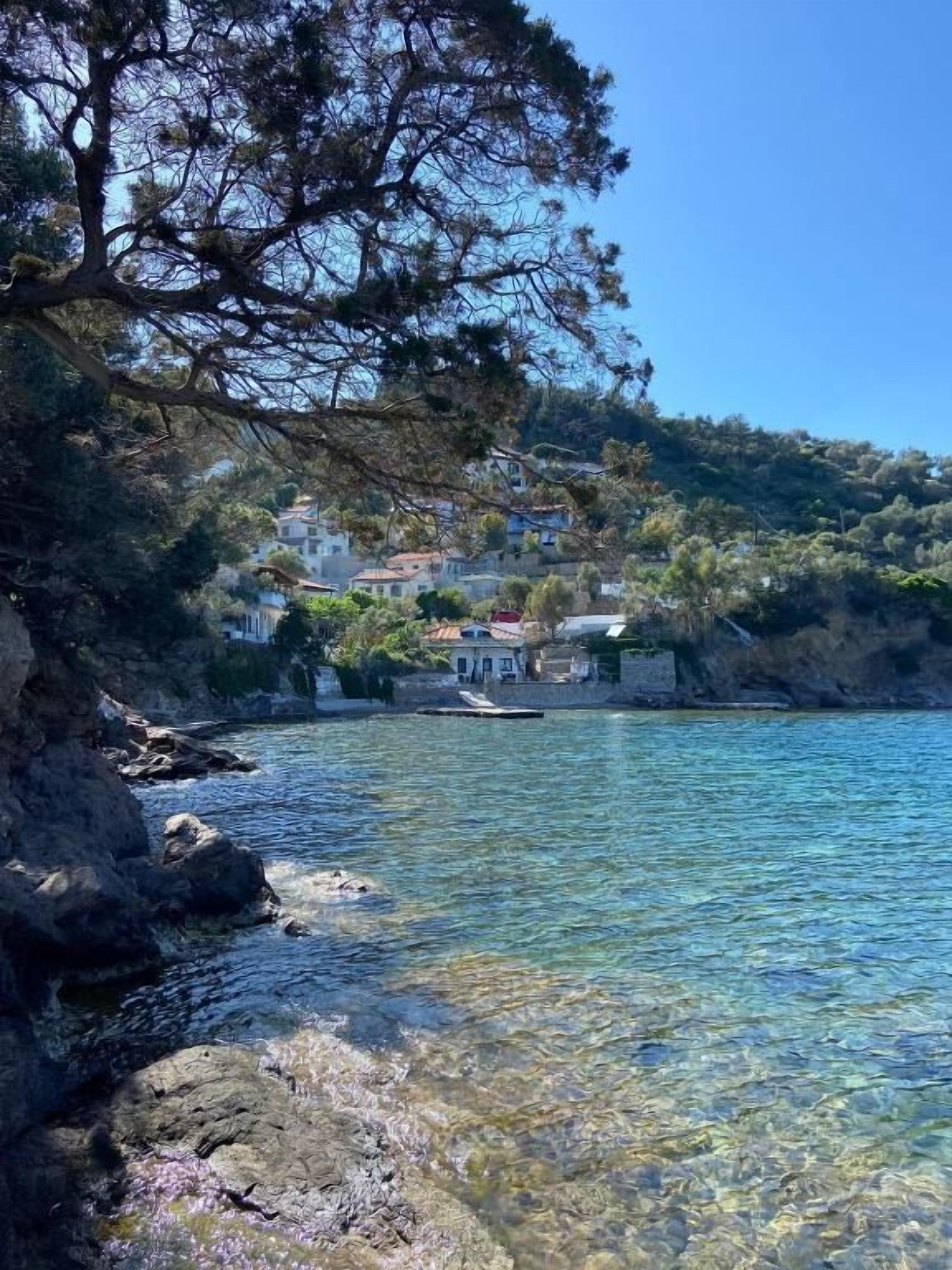 A coastal scene with clear water, rocky shore, and a building with multiple stories in the background.