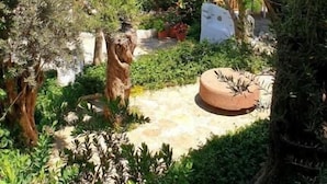 Un jardin agrémenté de diverses plantes et un sentier en pierre menant à un espace aménagé pour s’asseoir.