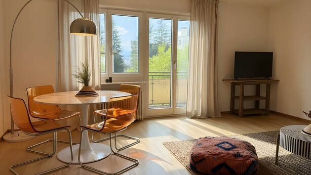 Ein modernes Wohnzimmer mit einem runden Tisch, zwei Stühlen, einer Stehlampe, einem Fernseher auf einem Schrank und einem großen Fenster mit Vorhängen.