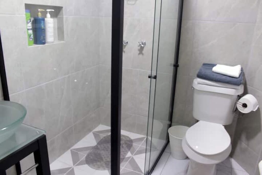 Ducha, secador de pelo, toallas, jabón