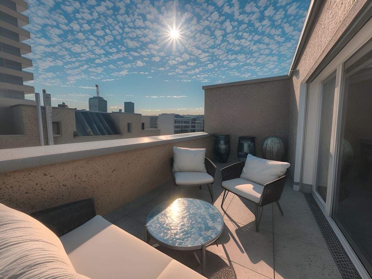 Terraço no telhado com duas cadeiras, uma mesa pequena e um vaso grande.