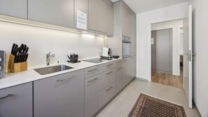 A modern kitchen with grey cabinets, stainless steel appliances, and a wooden knife block. - Luxury Apartment close to the city center! (Zürich)
