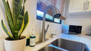 Une cuisine équipée d’un évier en acier inoxydable, d’un robinet moderne, d’une plante en pot, d’un flacon de savon liquide et d’un four à micro-ondes.