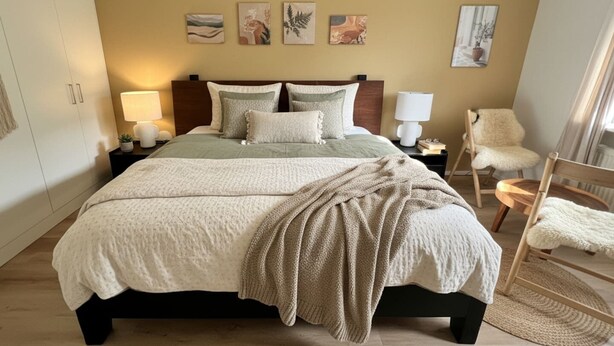 Een keurig opgeruimde slaapkamer met een groot bed, bedlampen, een zachte fauteuil en wanddecoratie.