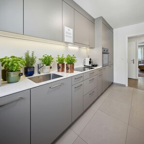 Frigorífico, microondas, horno y placa de cocina