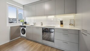 A modern kitchen with grey cabinets, a stainless steel dishwasher, a built-in oven, and a window with a city view. - Moderne Wohnung in Zürich Oerlikon! (201) (Zürich)