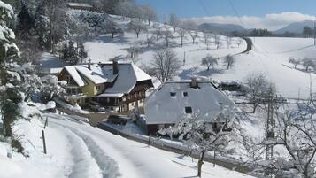 Un pueblo cubierto de nieve con casas tradicionales, un camino sinuoso y un cielo despejado.