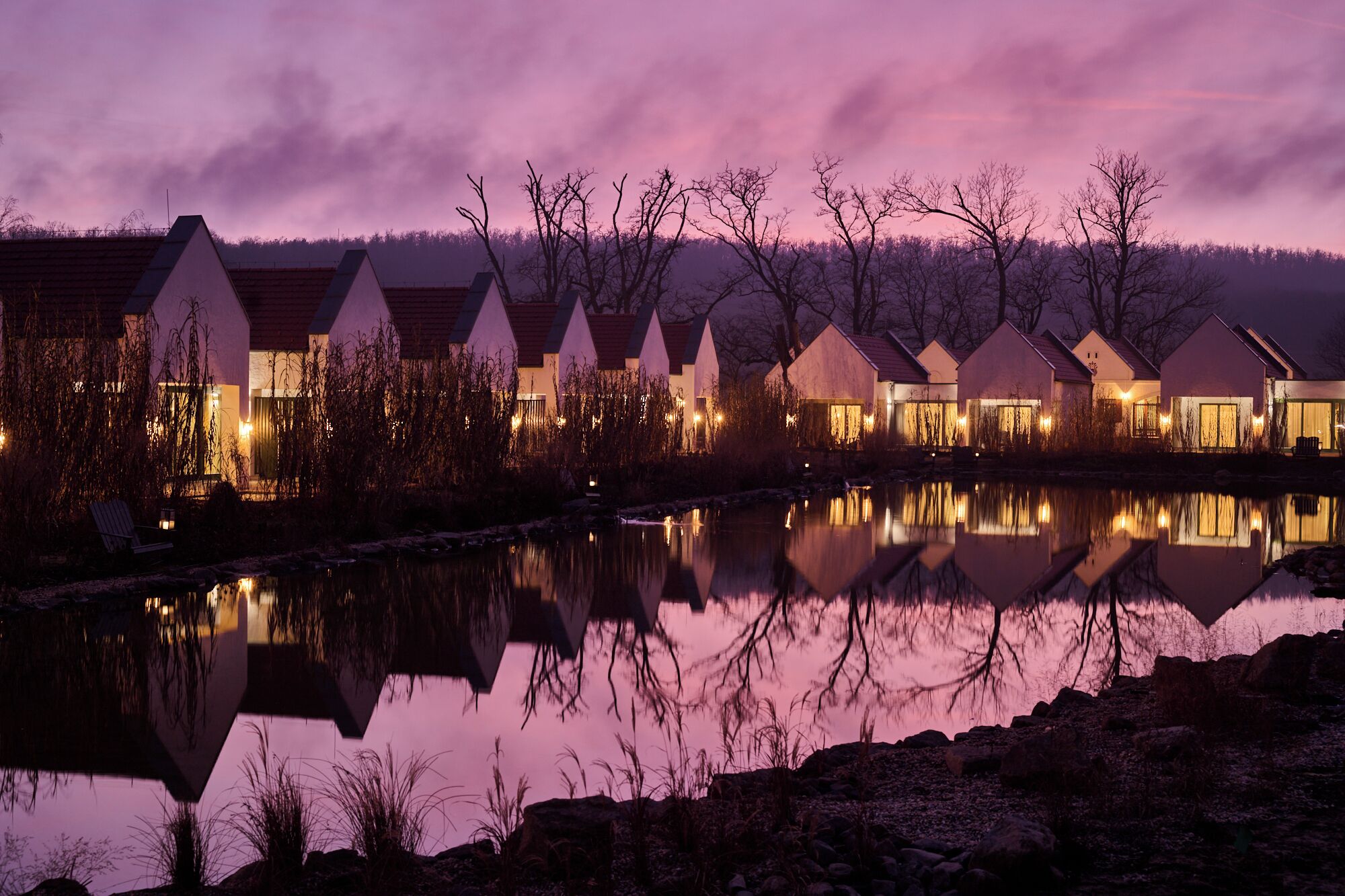 Filas de casas modernas con un lago tranquilo que refleja sus luces, rodeado de árboles y un cielo púrpura.