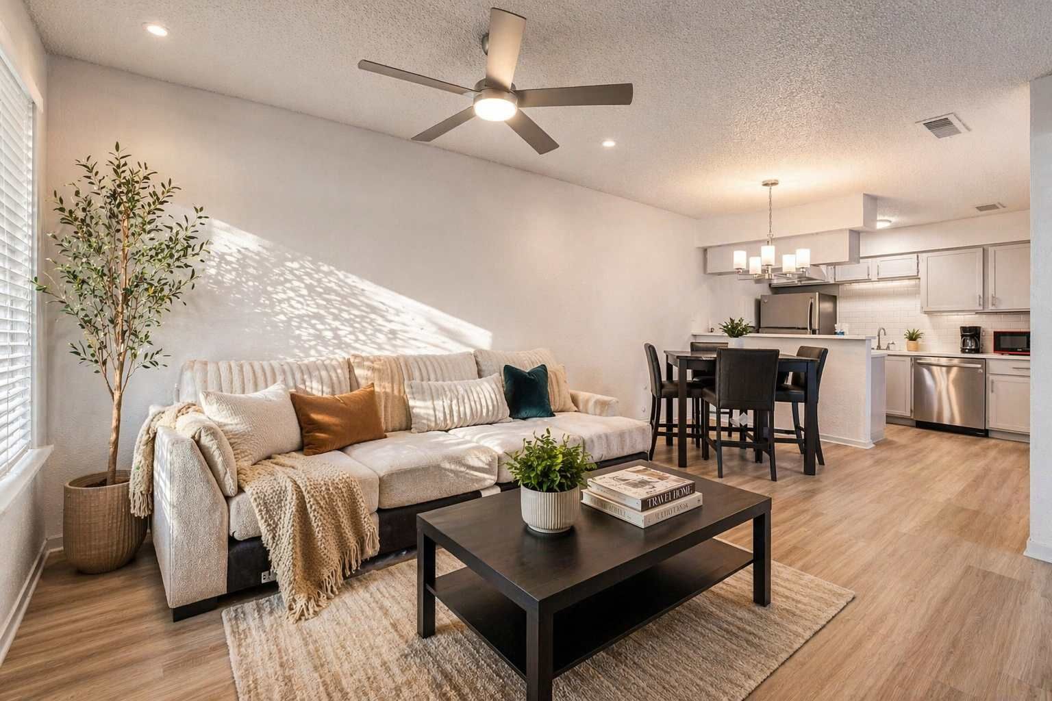A modern living room with a sofa, coffee table, and a dining area with chairs.