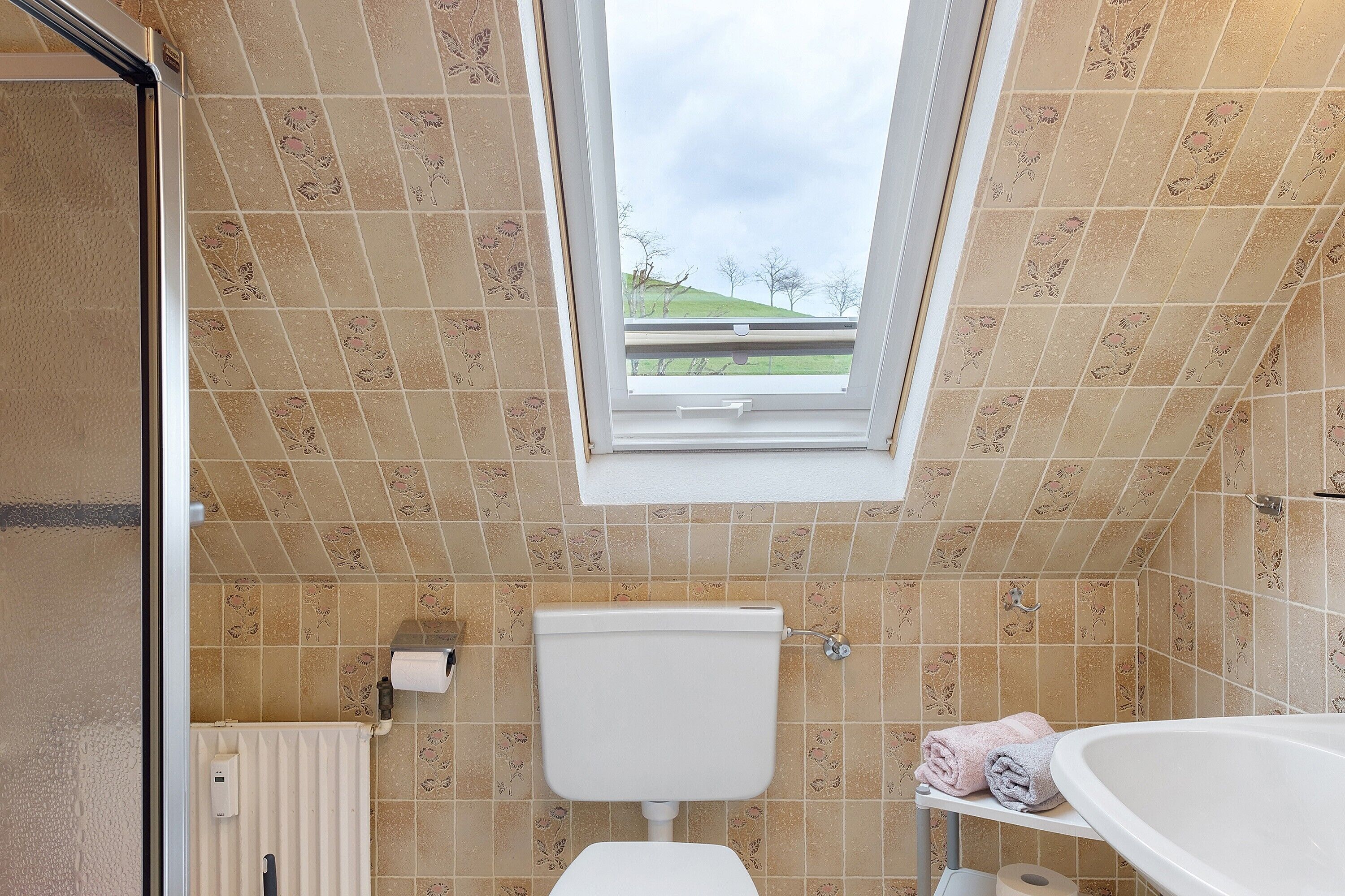 A bathroom with a skylight, a toilet, a sink, and a towel rack.