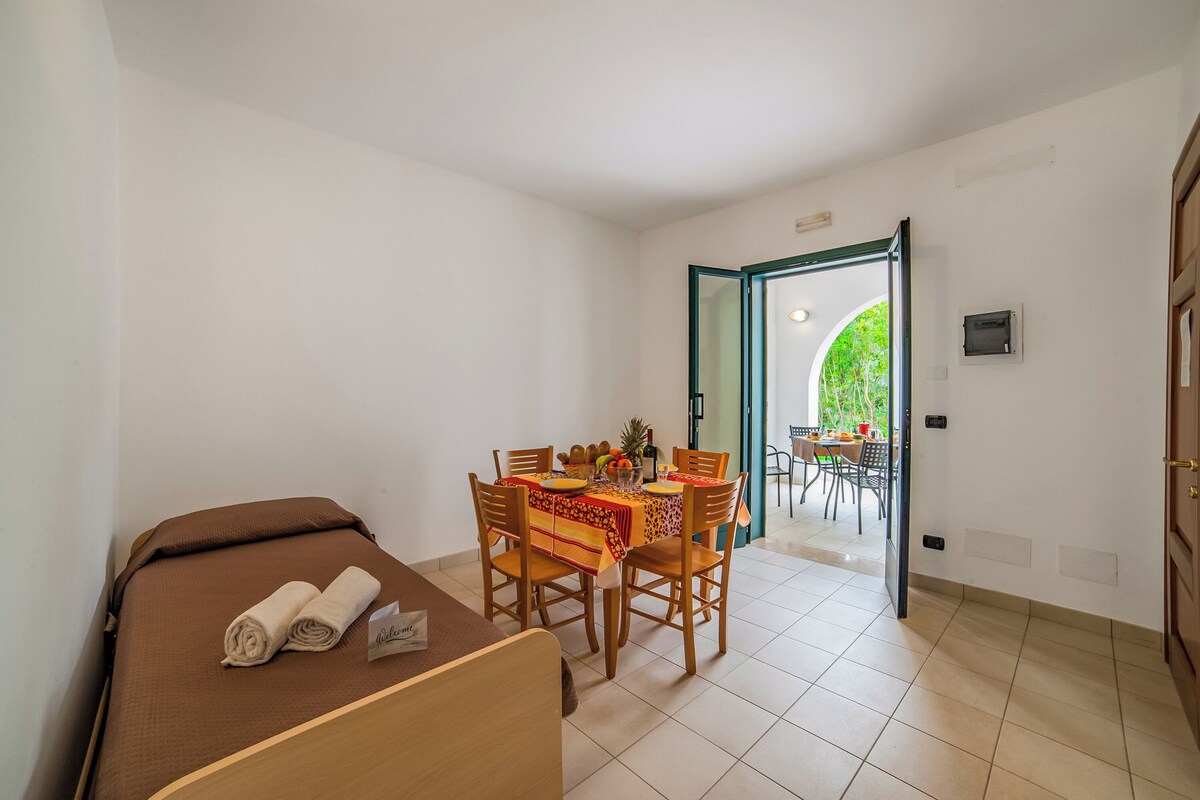 A room with a bed, a dining table with chairs, and a view through an open door to an outdoor area.