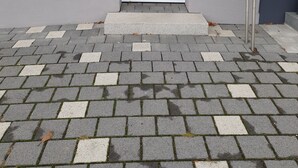 Een gevel met een witte deur waarop het cijfer 73 staat, een brievenbus en een kleine opstap naar de deur.