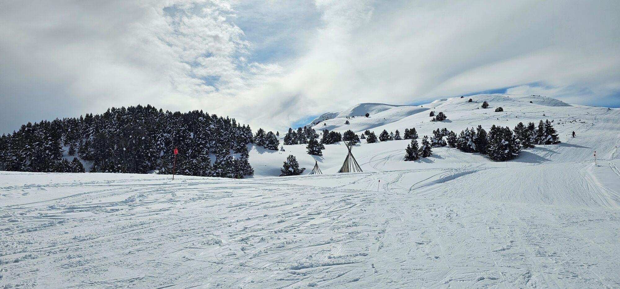 A snowy mountain landscape with ski tracks, trees, and a clear sky.