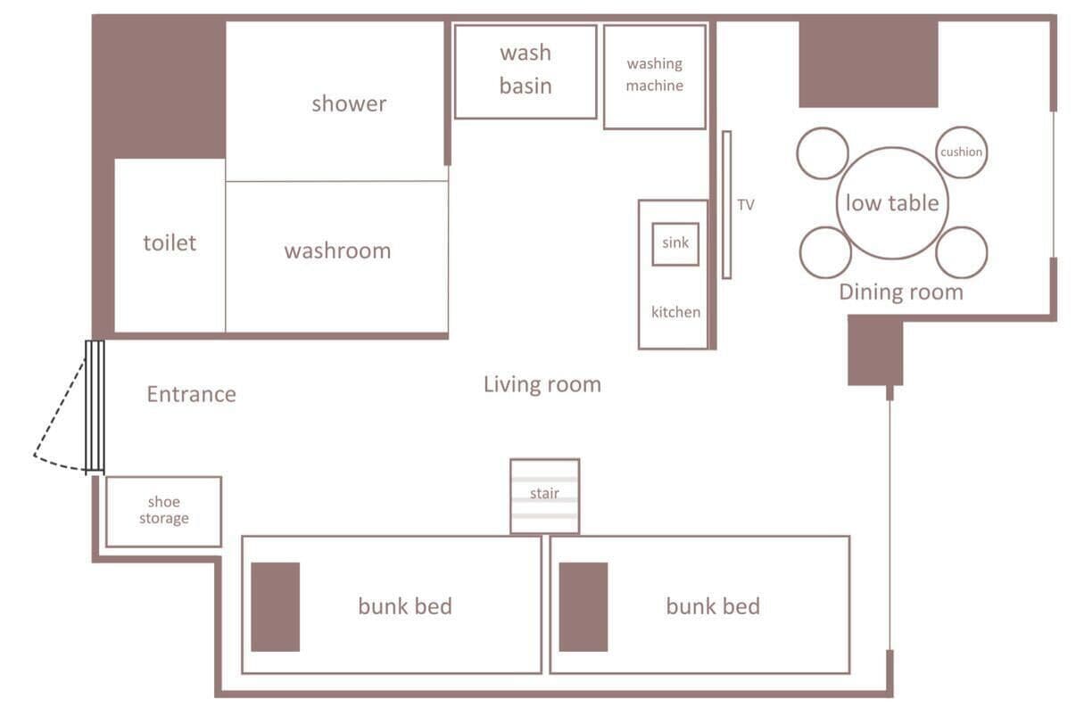Distribución de un hotel con sala de estar, comedor, entrada y dos literas.