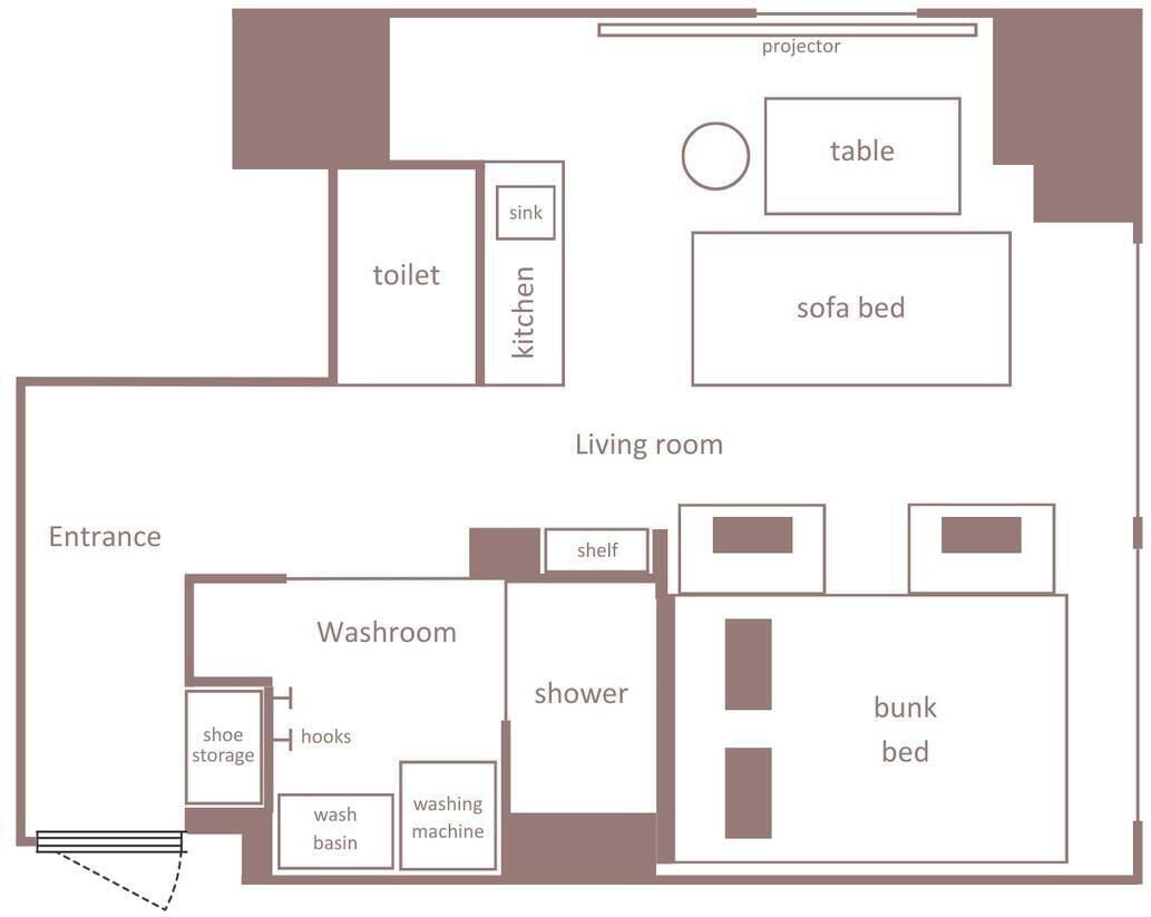 A floor plan with a living room, sofa bed, table, kitchen, and bathroom.