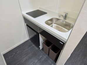 Kühlschrank, Mikrowelle, Herdplatte, Kochgeschirr/Geschirr/Besteck