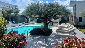 A modern outdoor pool area with a tree, lounge chairs, and a clear blue sky. - OLIVIA RESORT (Thasos)