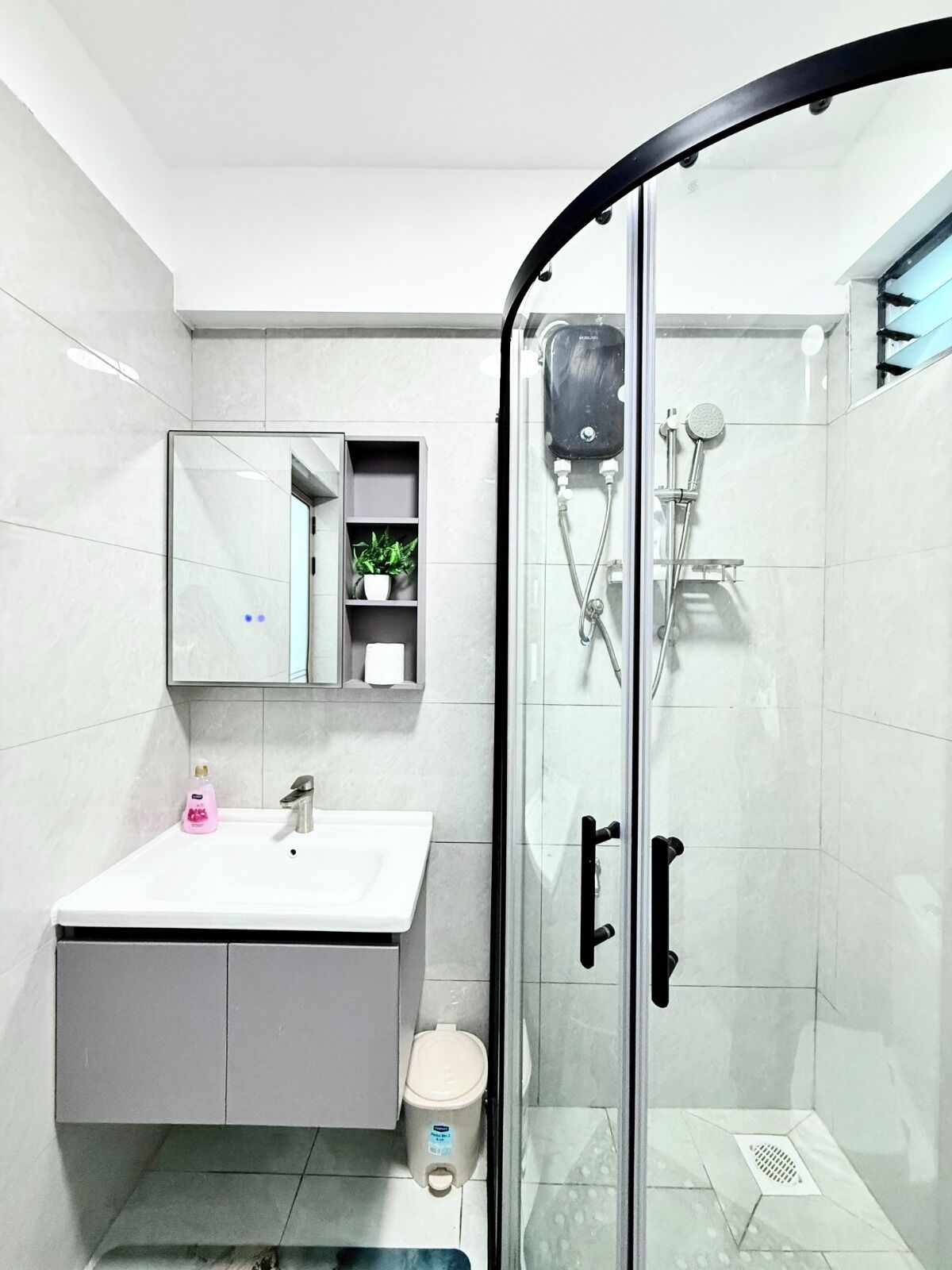 Une salle de bain moderne avec une douche à parois de verre, un lavabo blanc, un miroir et une petite étagère ornée de plantes.