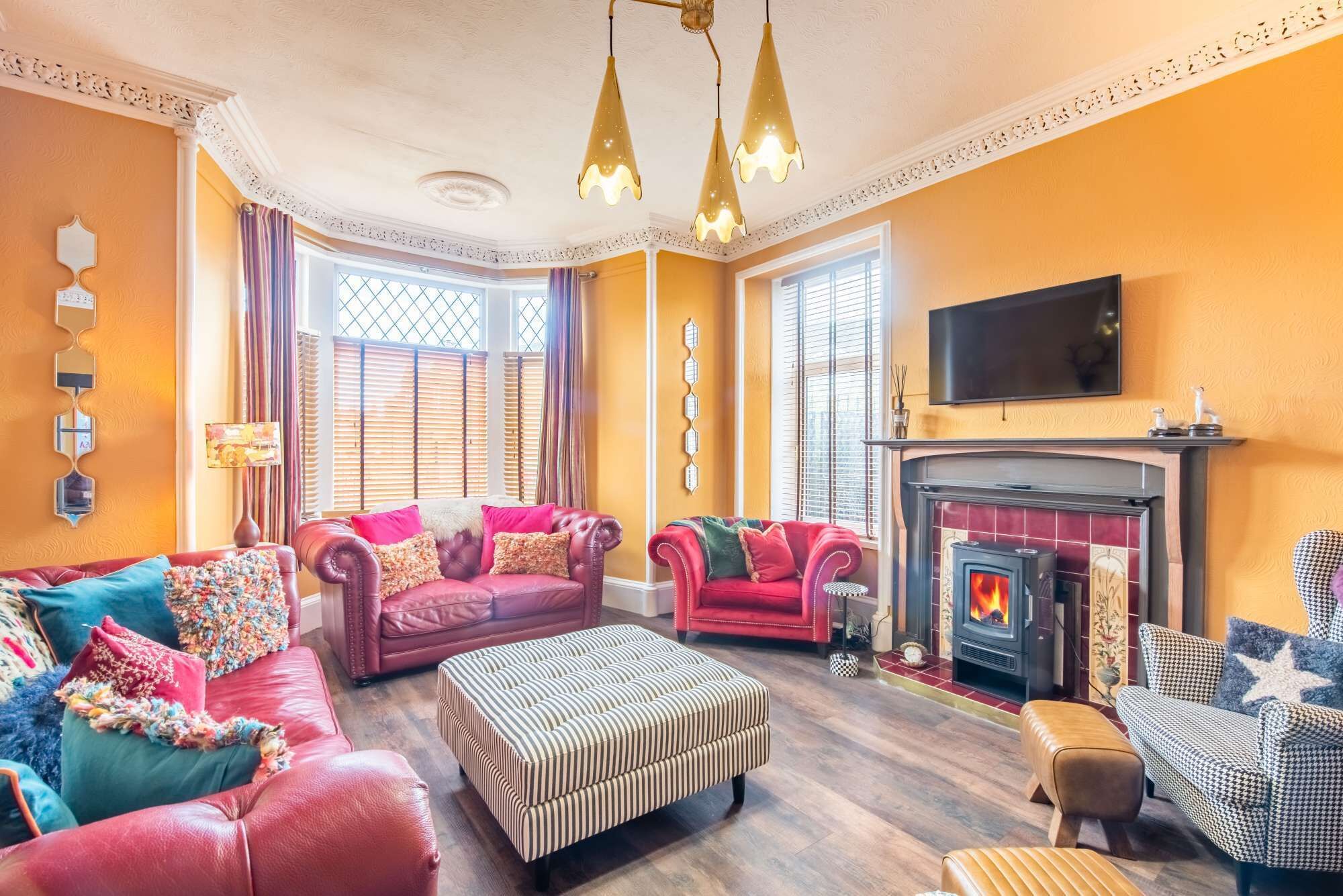 TV, fireplace, books