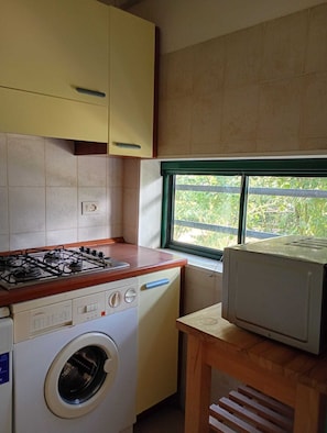A compact kitchen with a gas stove, a washing machine, and a microwave.