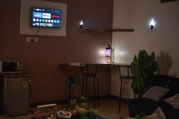 A compact living space with a flat-screen TV mounted on the wall displaying various streaming services. There is a small kitchenette area with a microwave and a refrigerator. A desk with two chairs is positioned near the TV, and a potted plant is visible in the foreground.