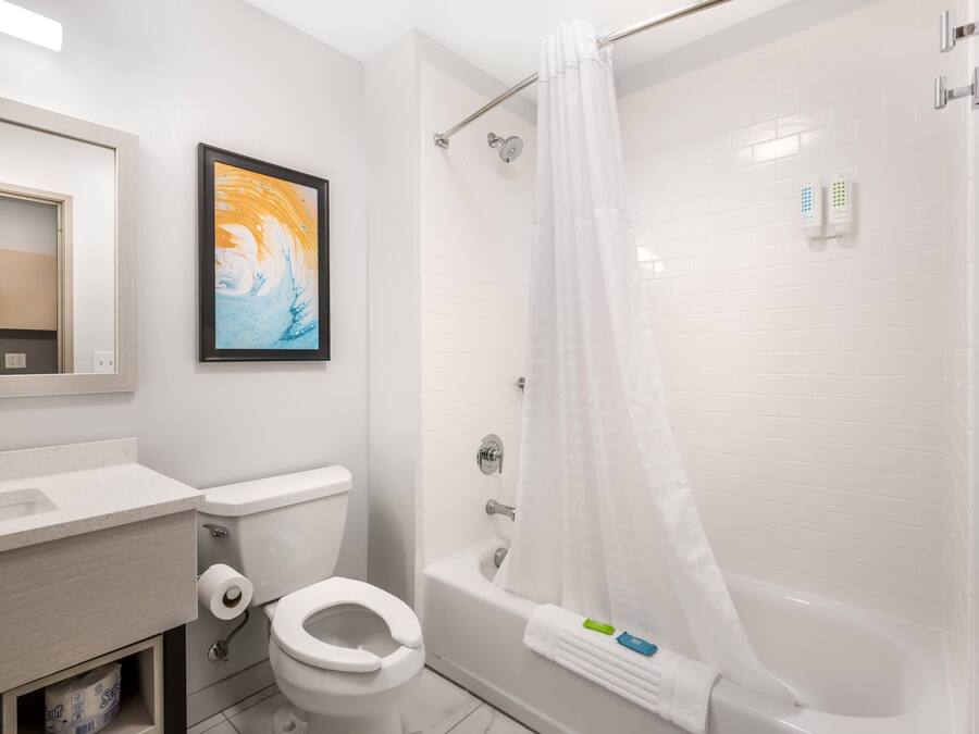 A bathroom with a toilet, sink, shower, and a framed picture on the wall.