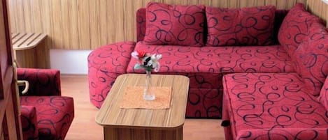 A room with a wooden floor, a red patterned sofa, a wooden coffee table, and a patterned wall.