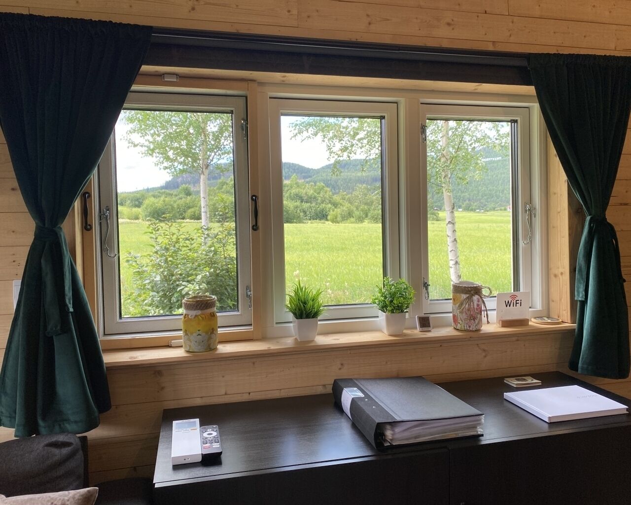 A room with a window overlooking a green landscape, a desk with a laptop, a plant, and a jar.