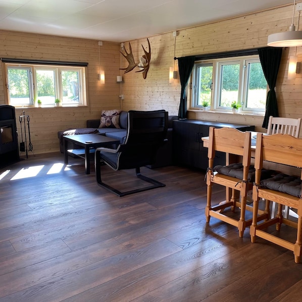 A cozy room with a sofa, a dining table, and chairs. There are windows with curtains, a fireplace, and a wall-mounted deer head decoration.