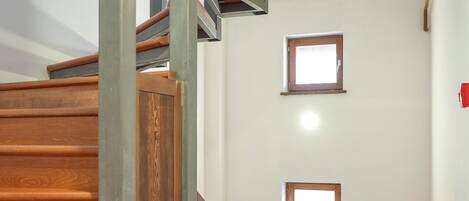 A staircase with wooden steps and a red carpet, leading to a landing with a small window and a potted plant.