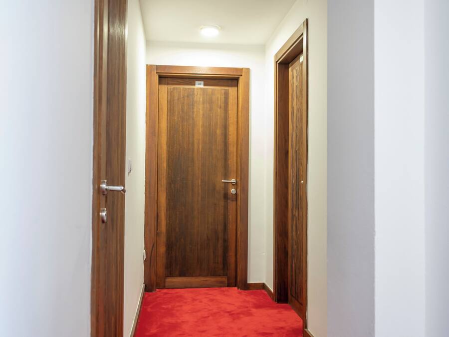 A hallway with a red carpet leading to a wooden door at the end.