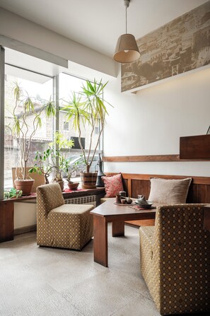 Un salon moderne avec un canapé, des fauteuils, une table basse et des plantes en pot.