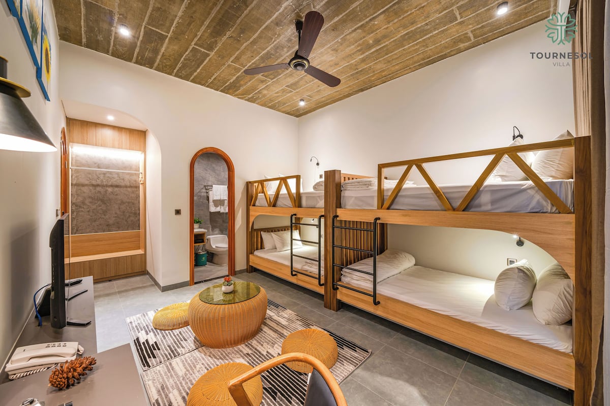 A compact room with bunk beds, a ceiling fan, a small table with a plant, and a mirror.