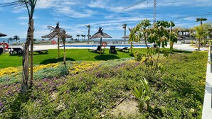 Ein angelegter Garten mit Pool, Palmen und Liegestühlen.