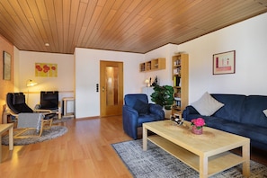 Un salon avec un plafond en bois, un canapé bleu, une table basse en bois, un téléviseur et une bibliothèque.