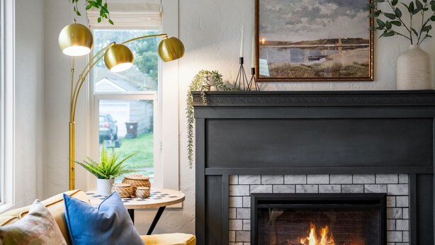 A cozy living room with a fireplace, a framed landscape painting, and a hanging plant.