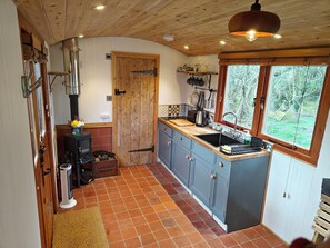Une cuisine de taille réduite, avec un poêle en bois, un évier et une fenêtre donnant sur un jardin.