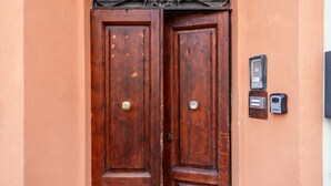 A wooden double door with a metal handle and a small metal plate with a lock.