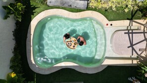 A swimming pool with a unique shape, surrounded by a grassy area and some plants.