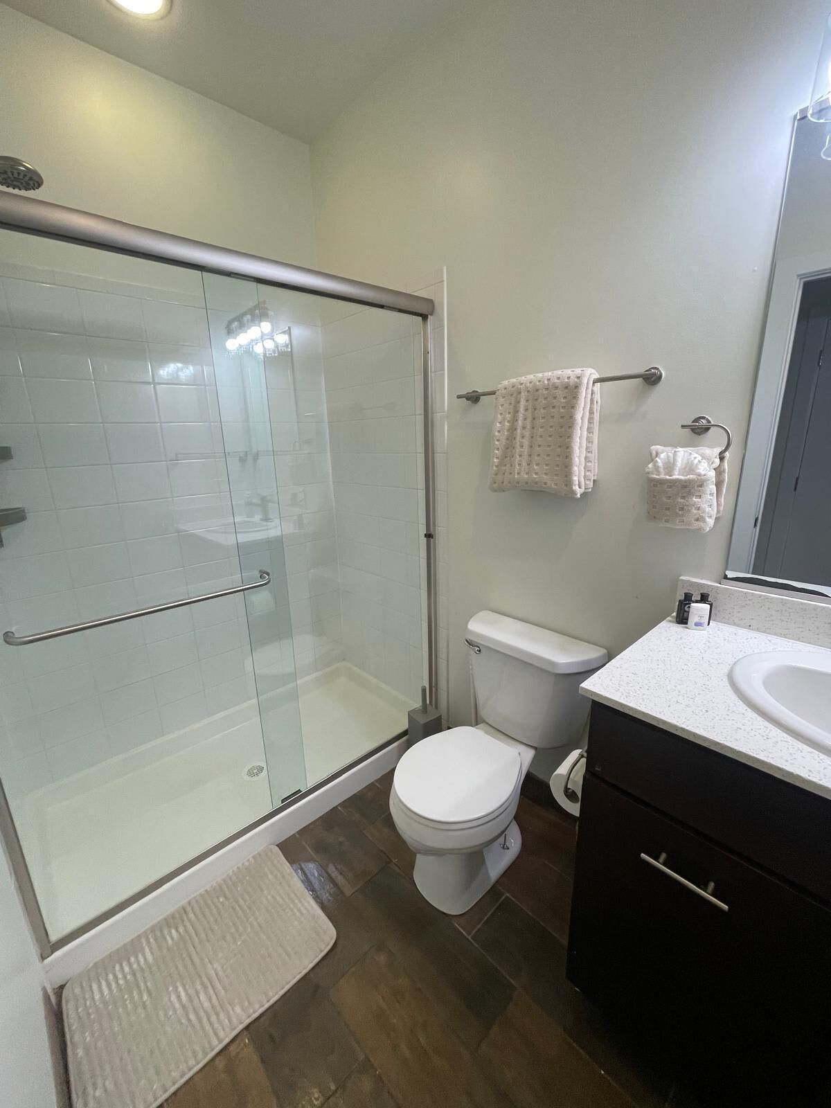 A bathroom with a glass-enclosed shower, a toilet, a sink, and a mirror.