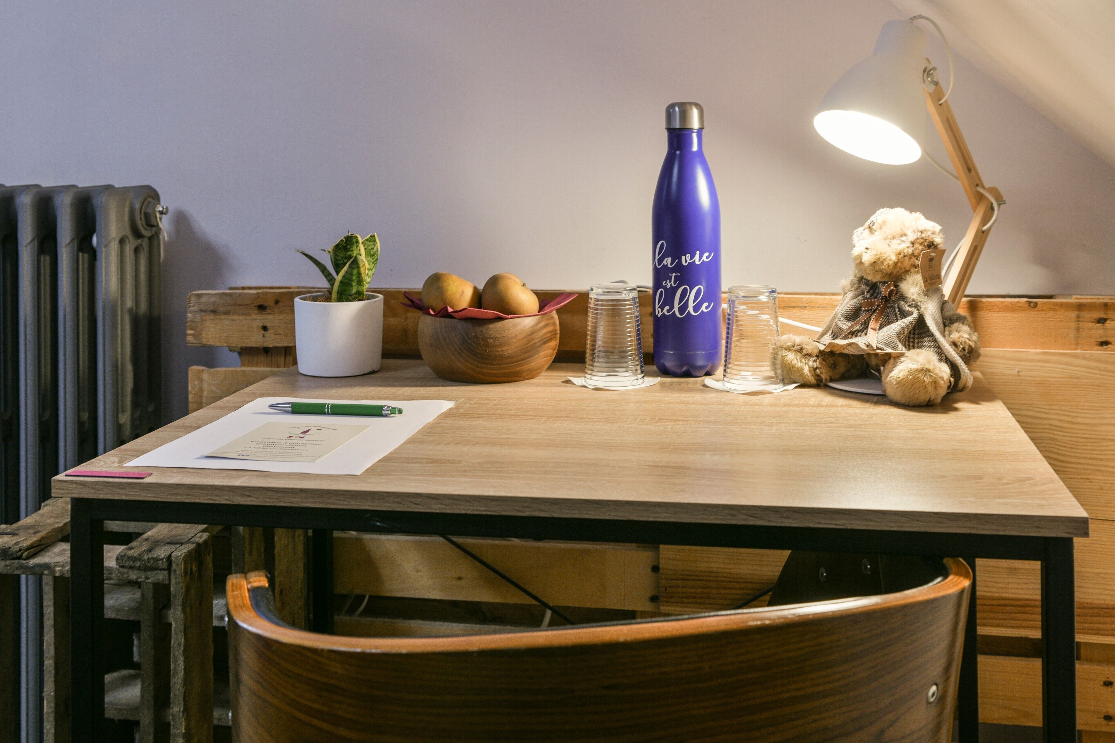 Une table en bois sur laquelle se trouvent un pot de fleurs, un saladier de fruits, une bouteille d’eau, un ours en peluche et une lampe de bureau.