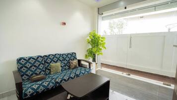 A modern living room with a patterned sofa, a coffee table, and a potted plant.