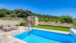 Une piscine dotée d’une structure en pierre, de chaises longues et offrant une vue sur un vignoble.