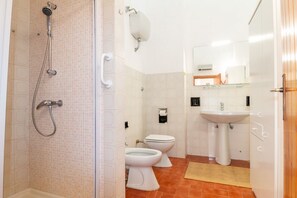 Chuveiro, bidê, toalhas de banho, shampoo