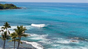 Vista costera con palmeras, agua azul cristalina y una costa distante.