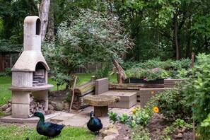A garden with a stone fireplace, wooden furniture, and a duck.
