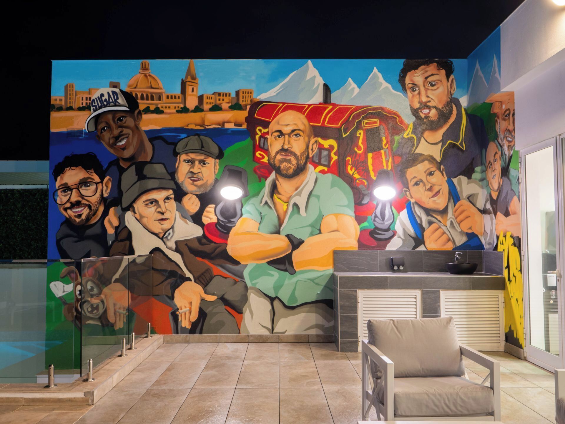 A mural with various figures and a cityscape in the background.